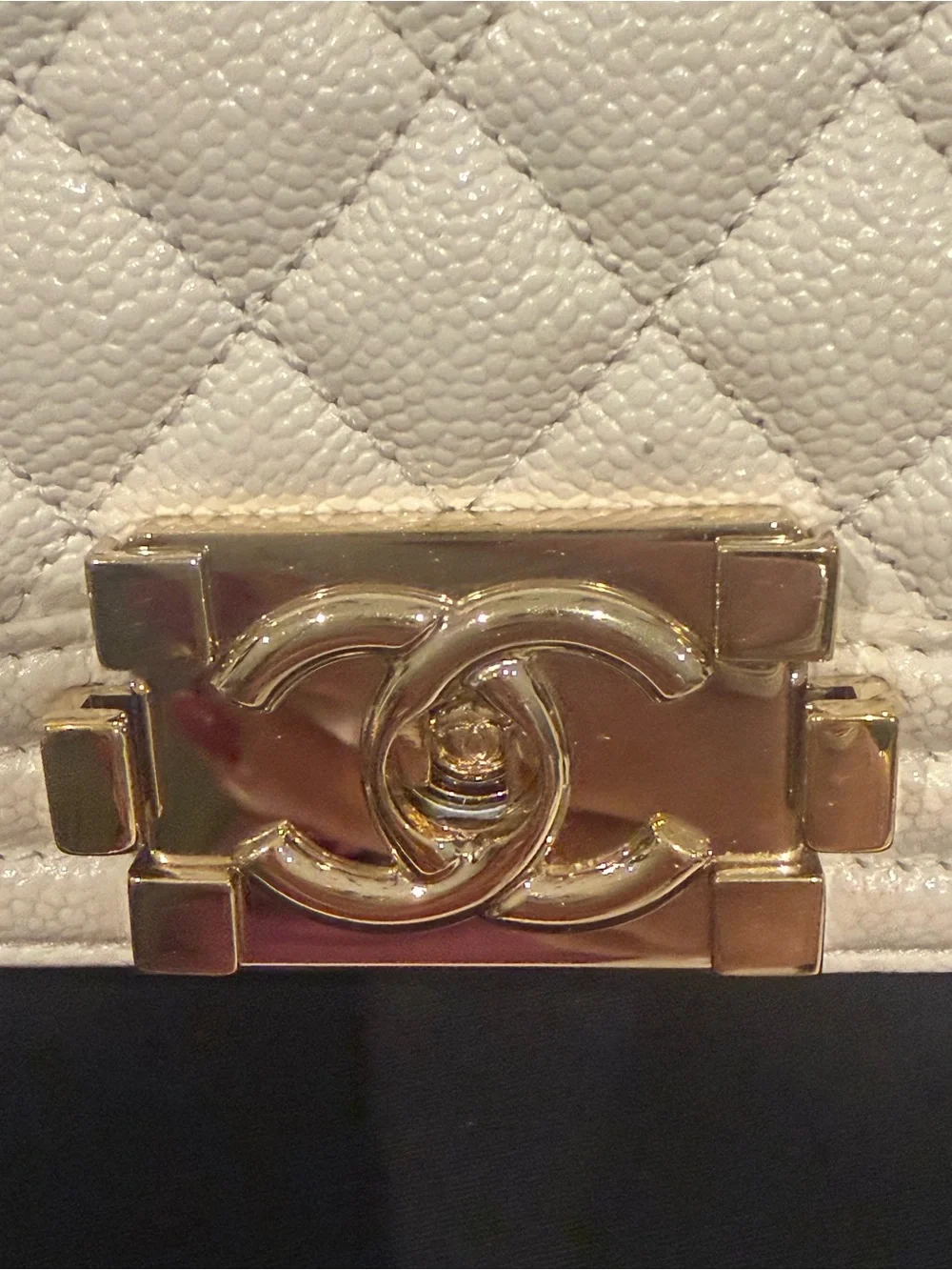 CHANEL Cream Quilted Boy Bag with Gold Chain